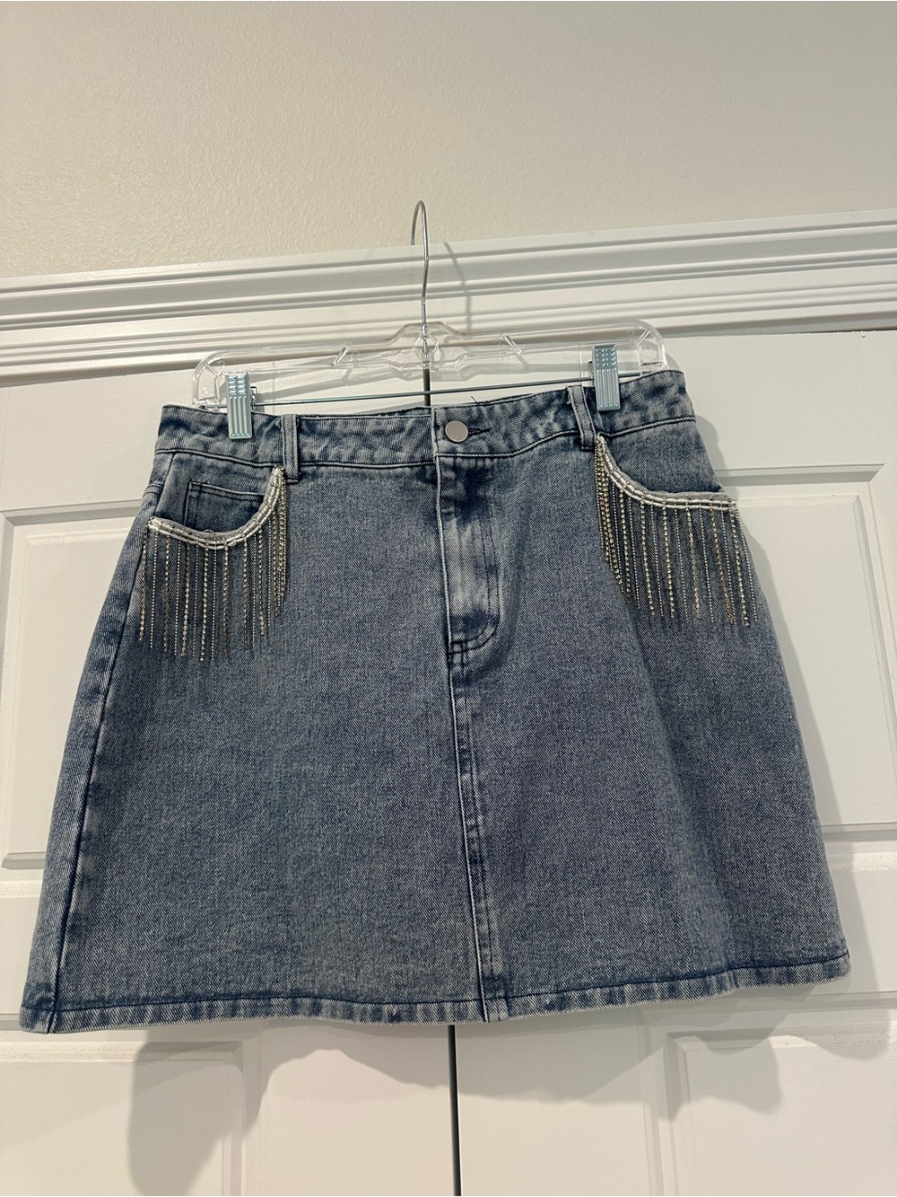 She + Sky Gray Denim A-Line Mini Skirt with Rhinestone Fringe